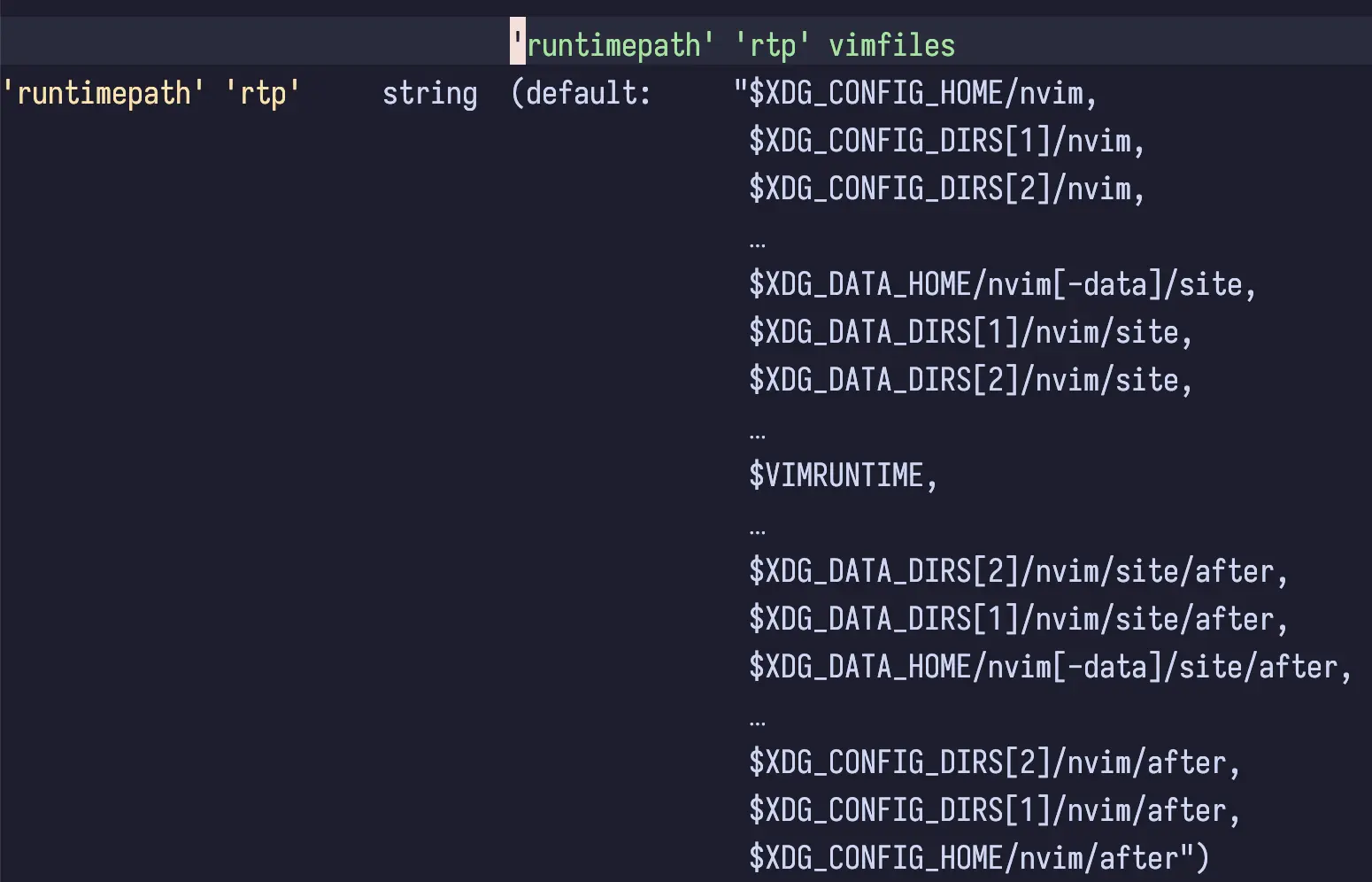 A screenshot of what running:h runtimepath in Neovim opens. Includes text on the directories it searches, mostly XDG config and data dirs.