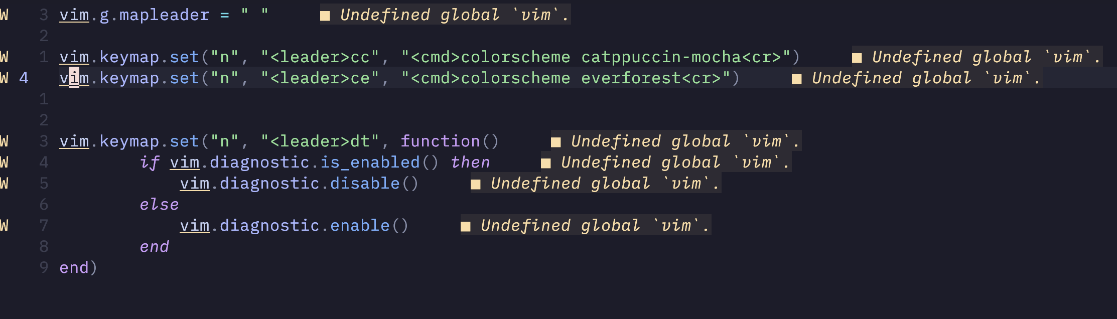 Screenshot of Neovim config with diagnostics/warnings.